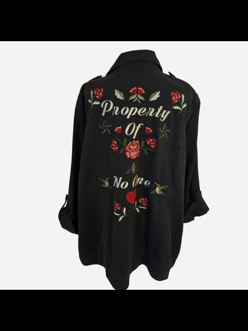 Torrid black embroidered denim jacket-  Embroidered Rose Lettering Jacket Size2